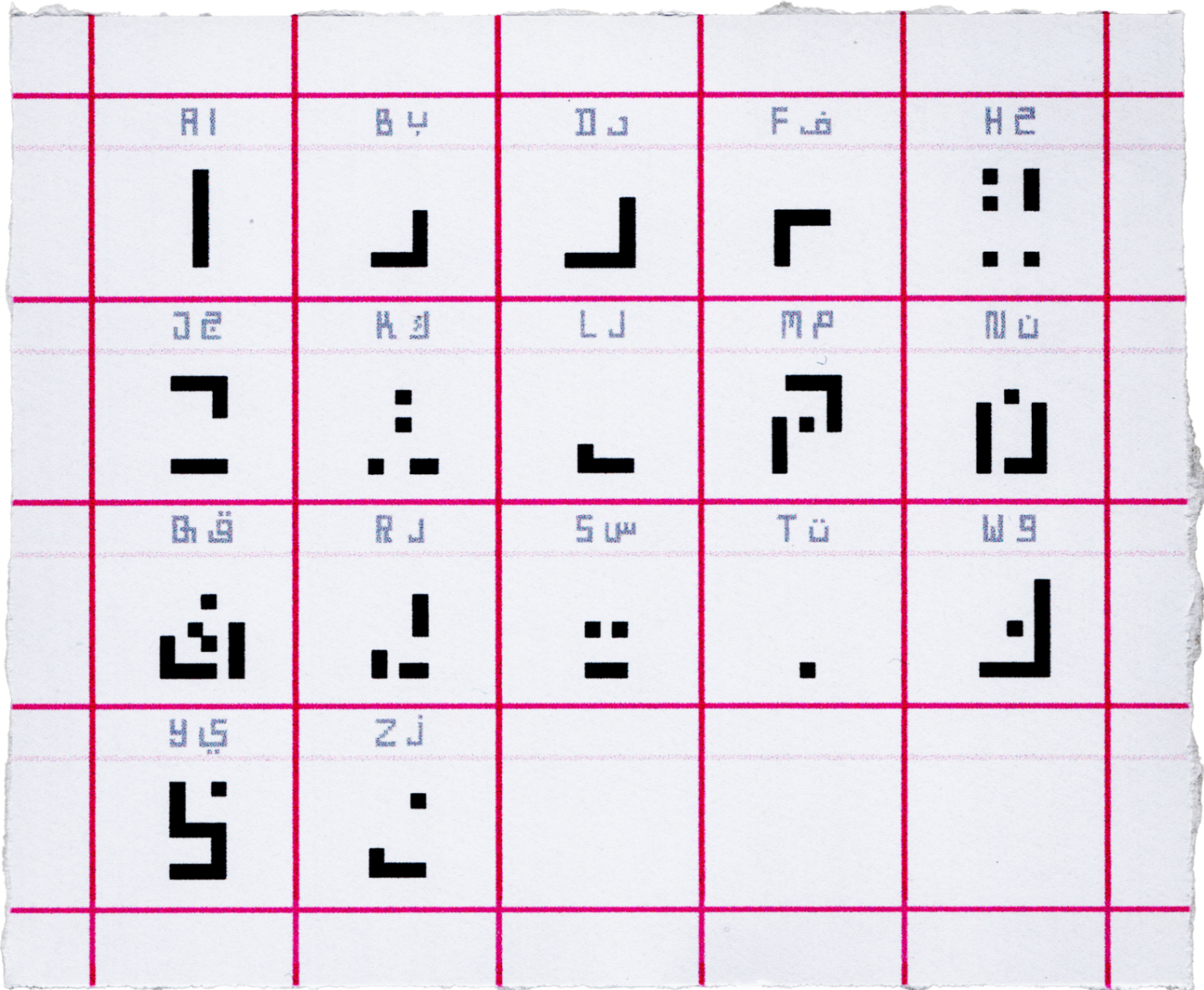 Arabic Midpoint pixel glyph specimen sheet on pink grid paper