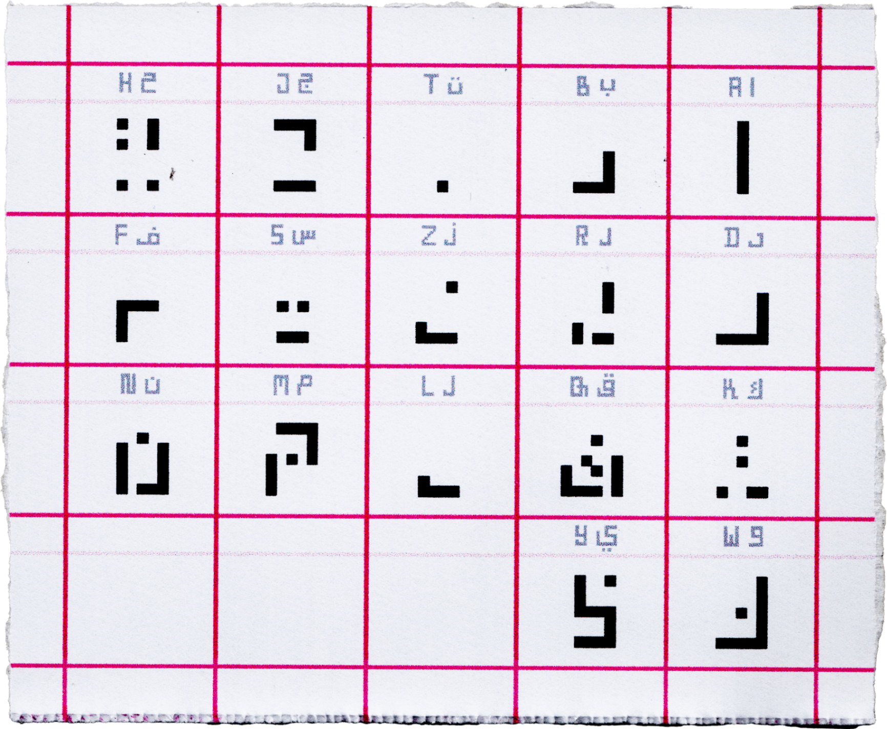 English Midpoint pixel glyph specimen sheet on pink grid paper