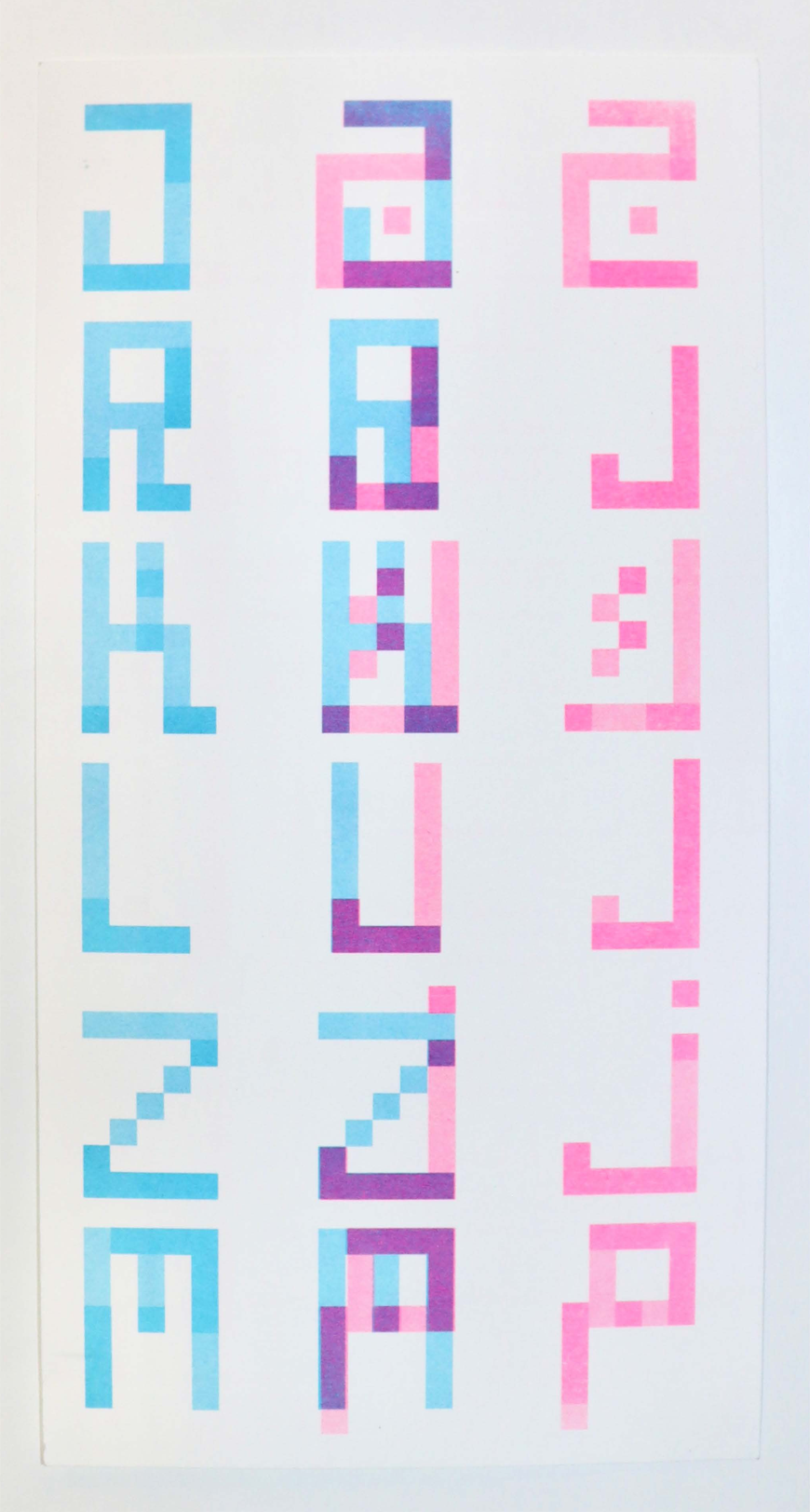 Riso print: Latin J–M and Arabic equivalents with hybrid overprint
