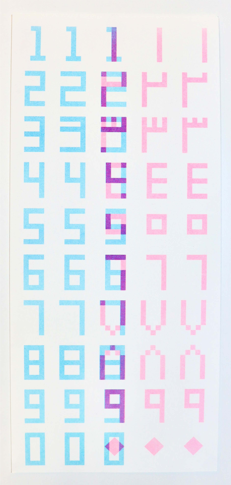 Riso print: numerals 0–9 in cyan and pink with hybrid centre column